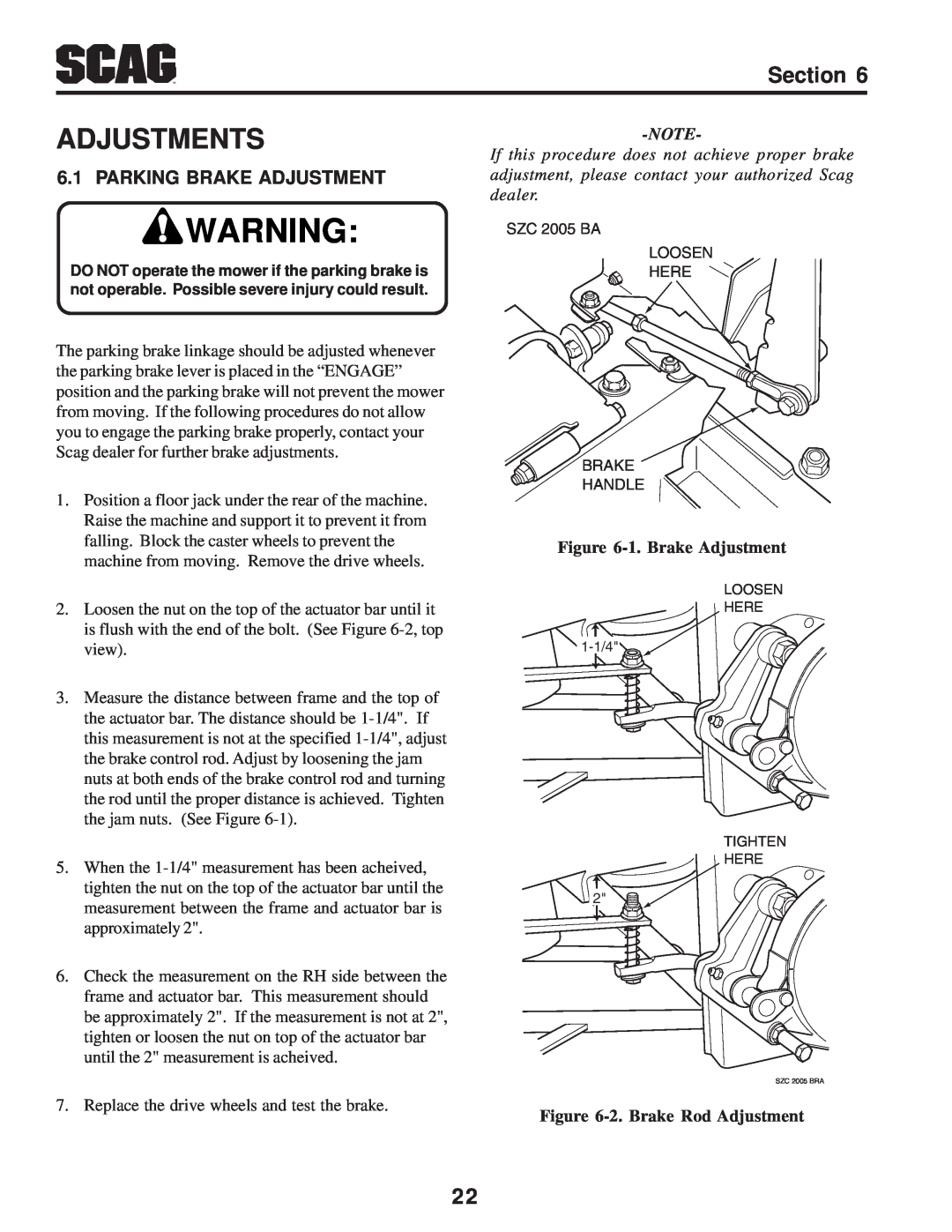 Scag Power Equipment SZC manual Adjustments, Parking Brake Adjustment, 1. Brake Adjustment, 2. Brake Rod Adjustment 