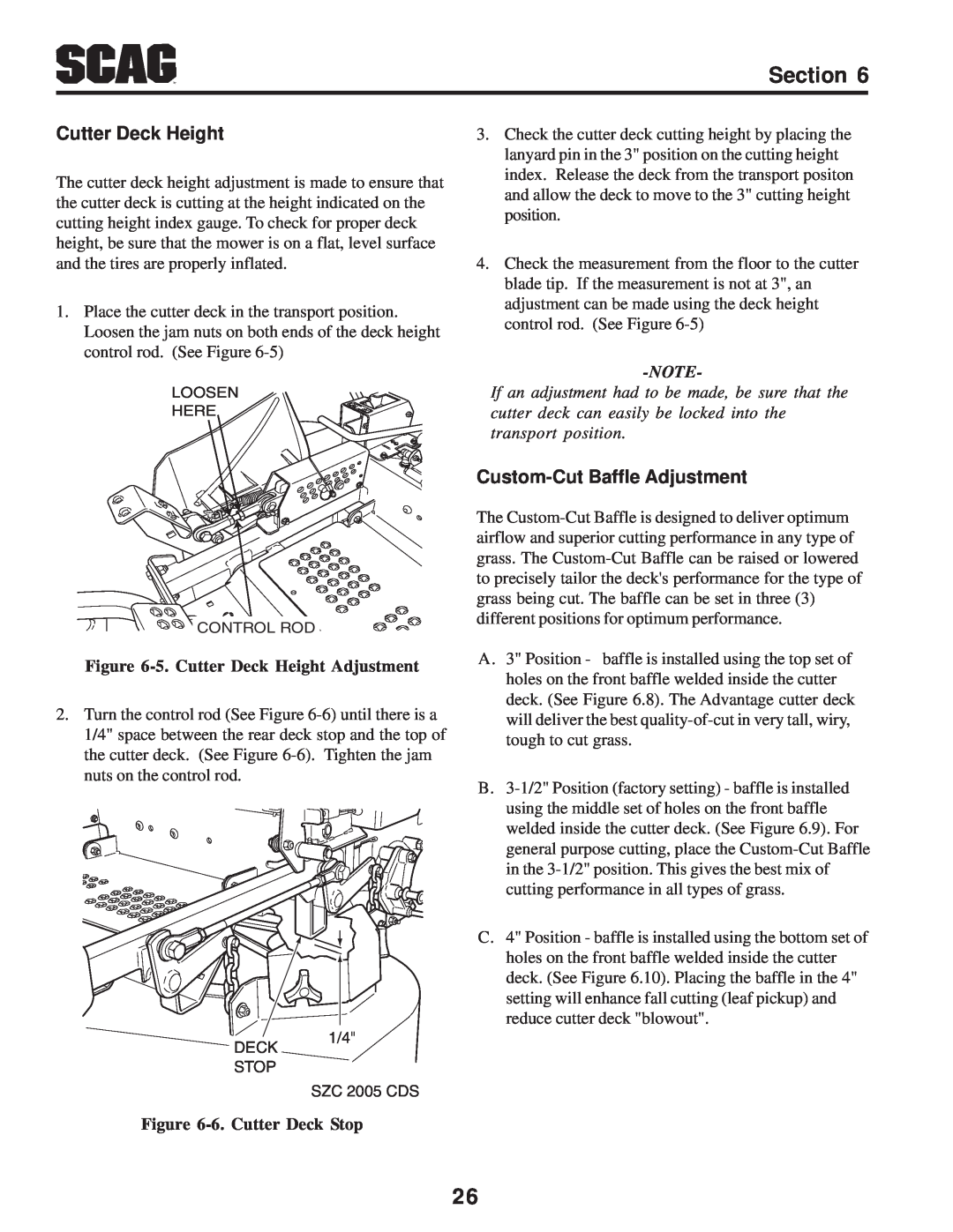 Scag Power Equipment SZC manual Custom-Cut Baffle Adjustment, 5. Cutter Deck Height Adjustment, 6. Cutter Deck Stop 