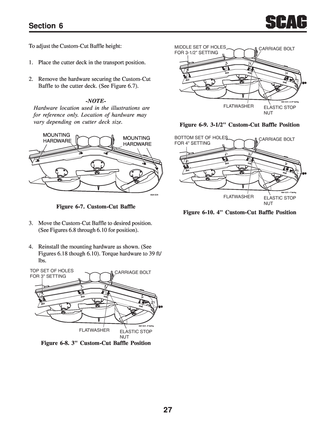 Scag Power Equipment SZC manual 7. Custom-Cut Baffle, 9. 3-1/2 Custom-Cut Baffle Position, 10. 4 Custom-Cut Baffle Position 