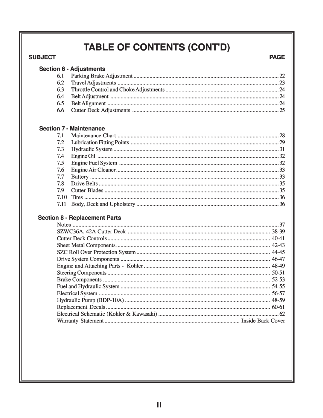 Scag Power Equipment SZC manual Table Of Contents Contd 