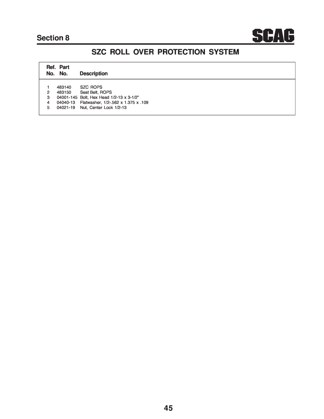 Scag Power Equipment manual Ref. Part No. No. Description, 1 483140 SZC ROPS 2 483150 Seat Belt, ROPS 