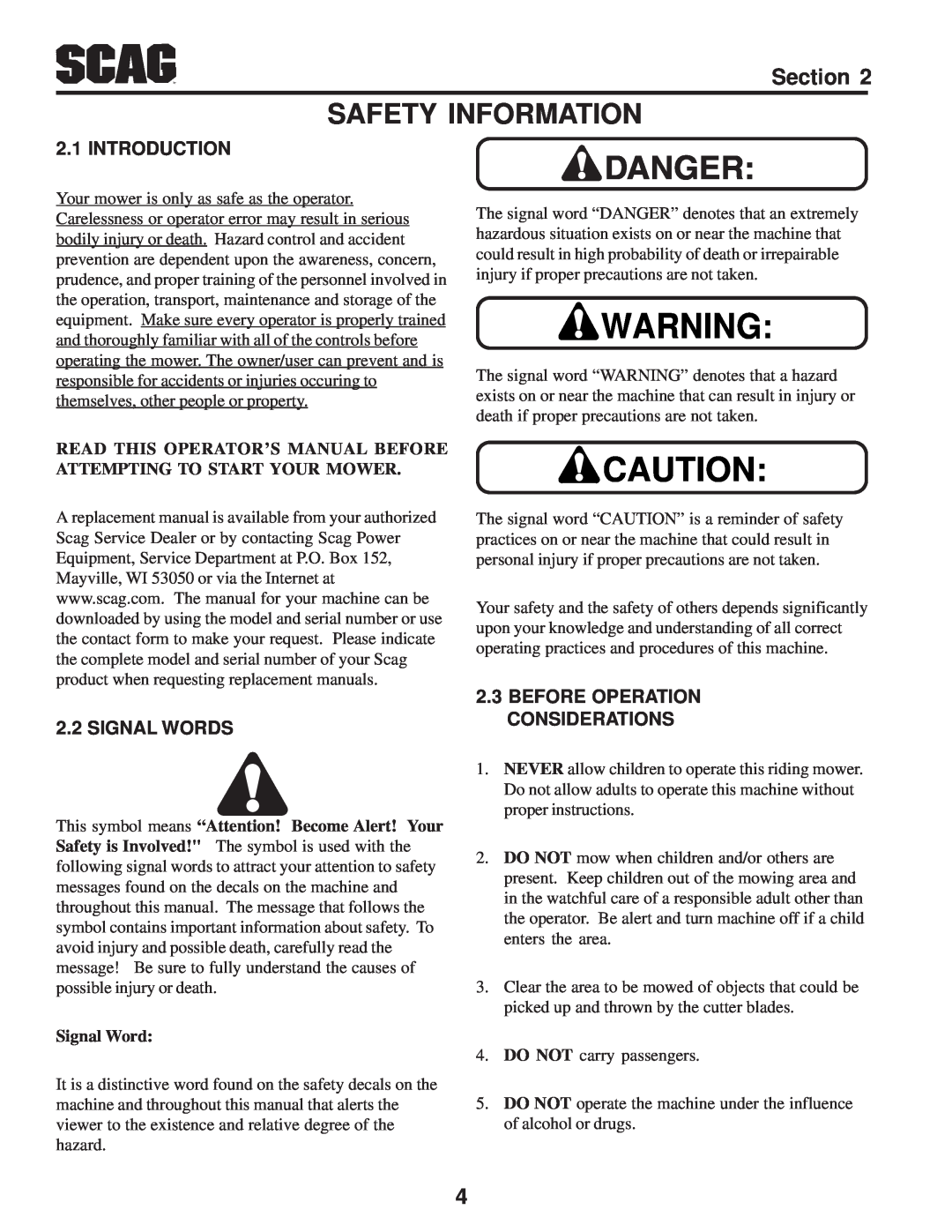 Scag Power Equipment SZC manual Safety Information, Introduction, Signal Words, Before Operation Considerations 