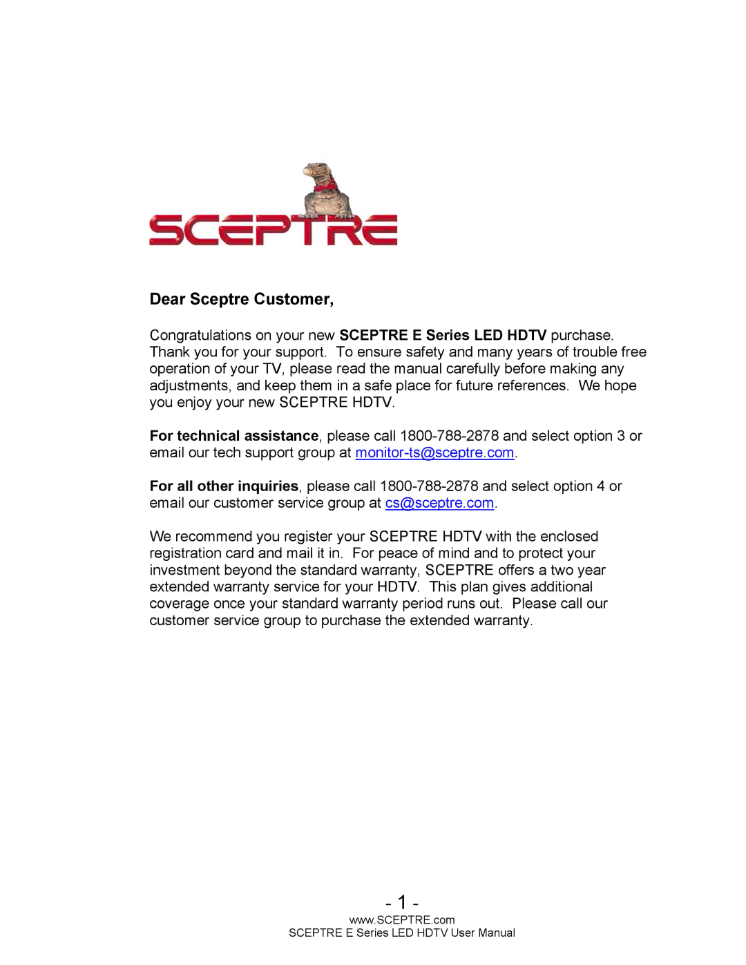 Sceptre Technologies E Series user manual Dear Sceptre Customer 