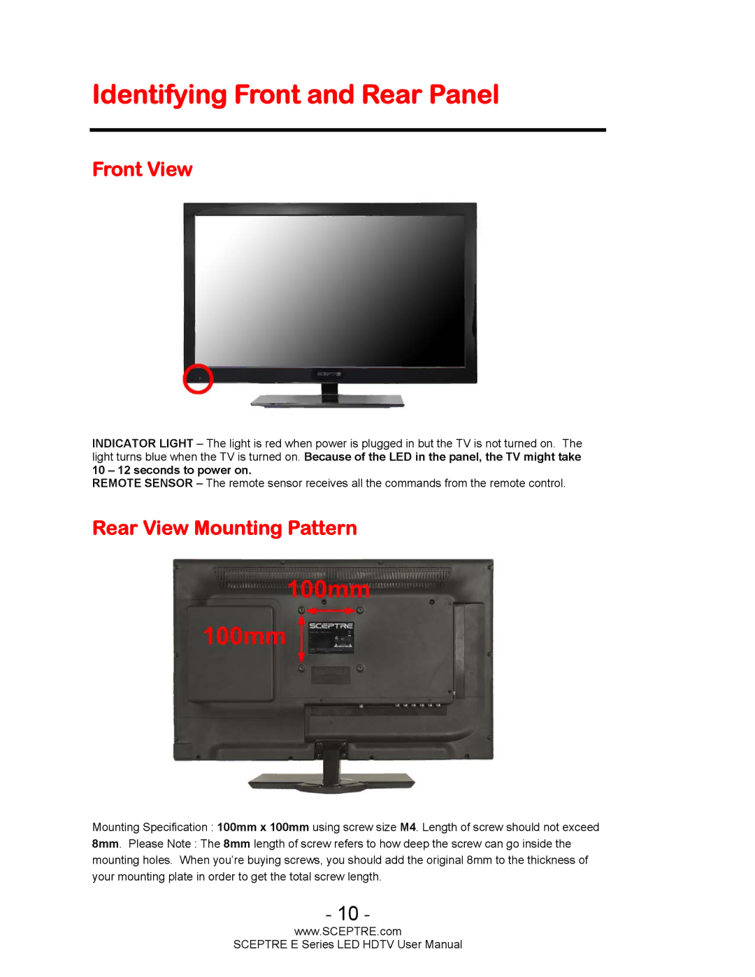 Sceptre Technologies E Series user manual Identifying Front and Rear Panel, Front View, Rear View Mounting Pattern 