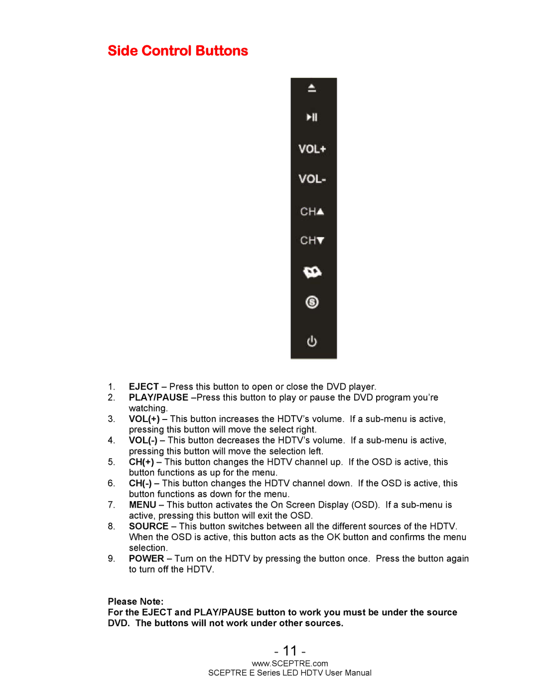 Sceptre Technologies E Series user manual Side Control Buttons 