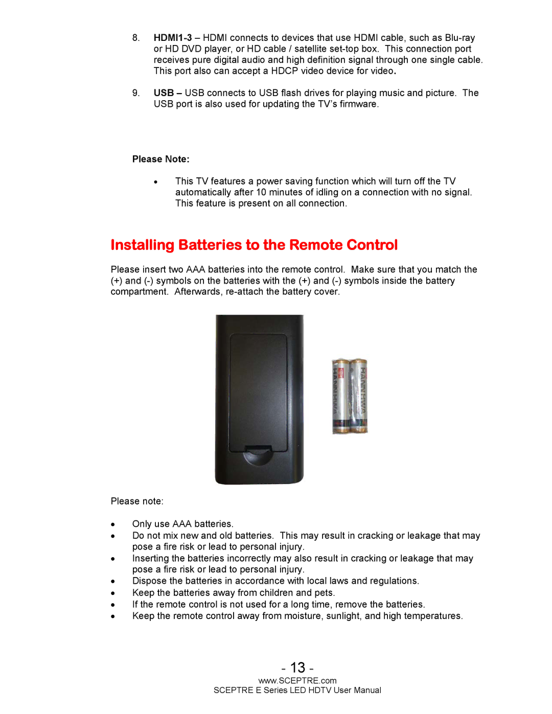 Sceptre Technologies E Series user manual Installing Batteries to the Remote Control, Please Note 