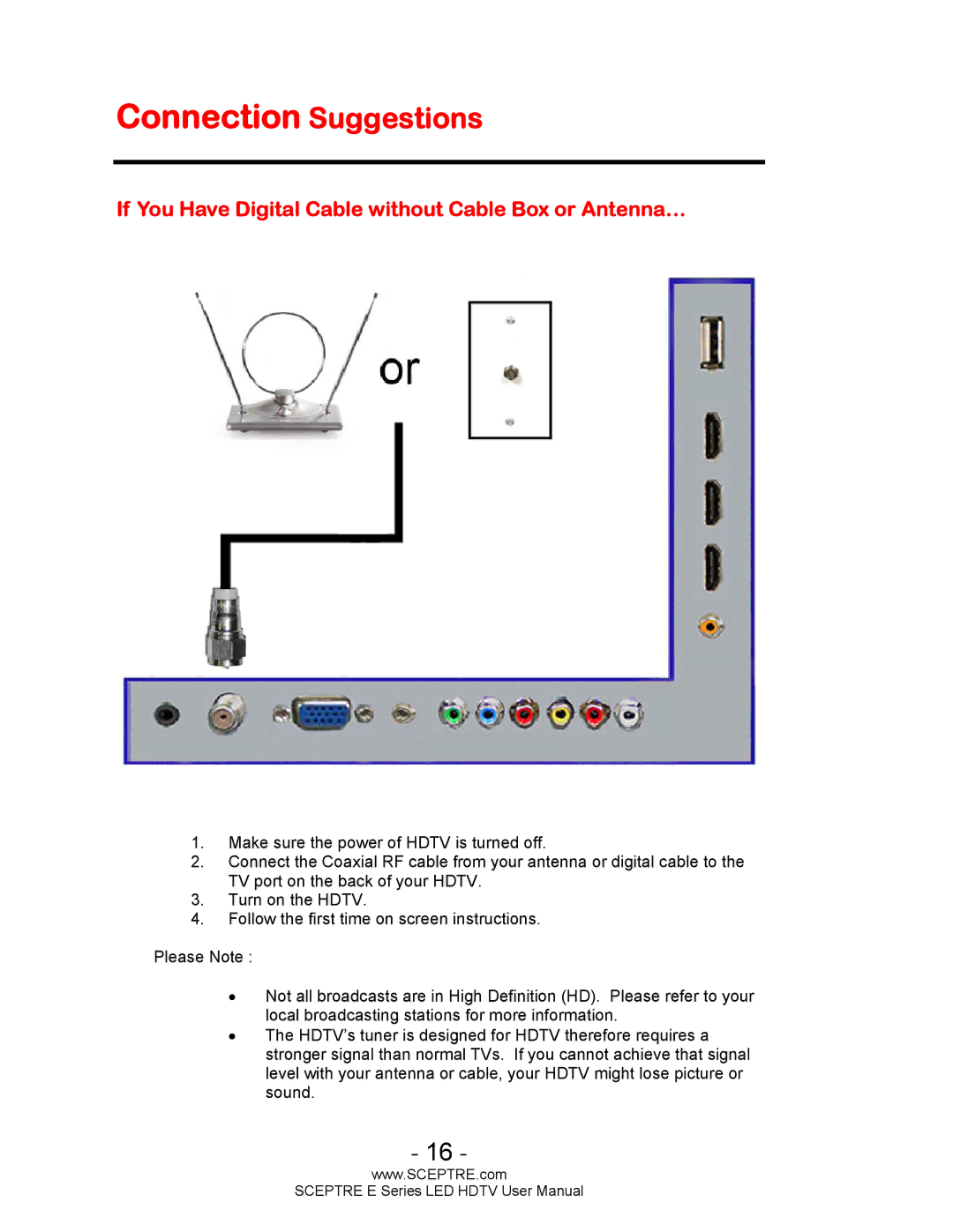 Sceptre Technologies E Series user manual Connection Suggestions, If You Have Digital Cable without Cable Box or Antenna… 