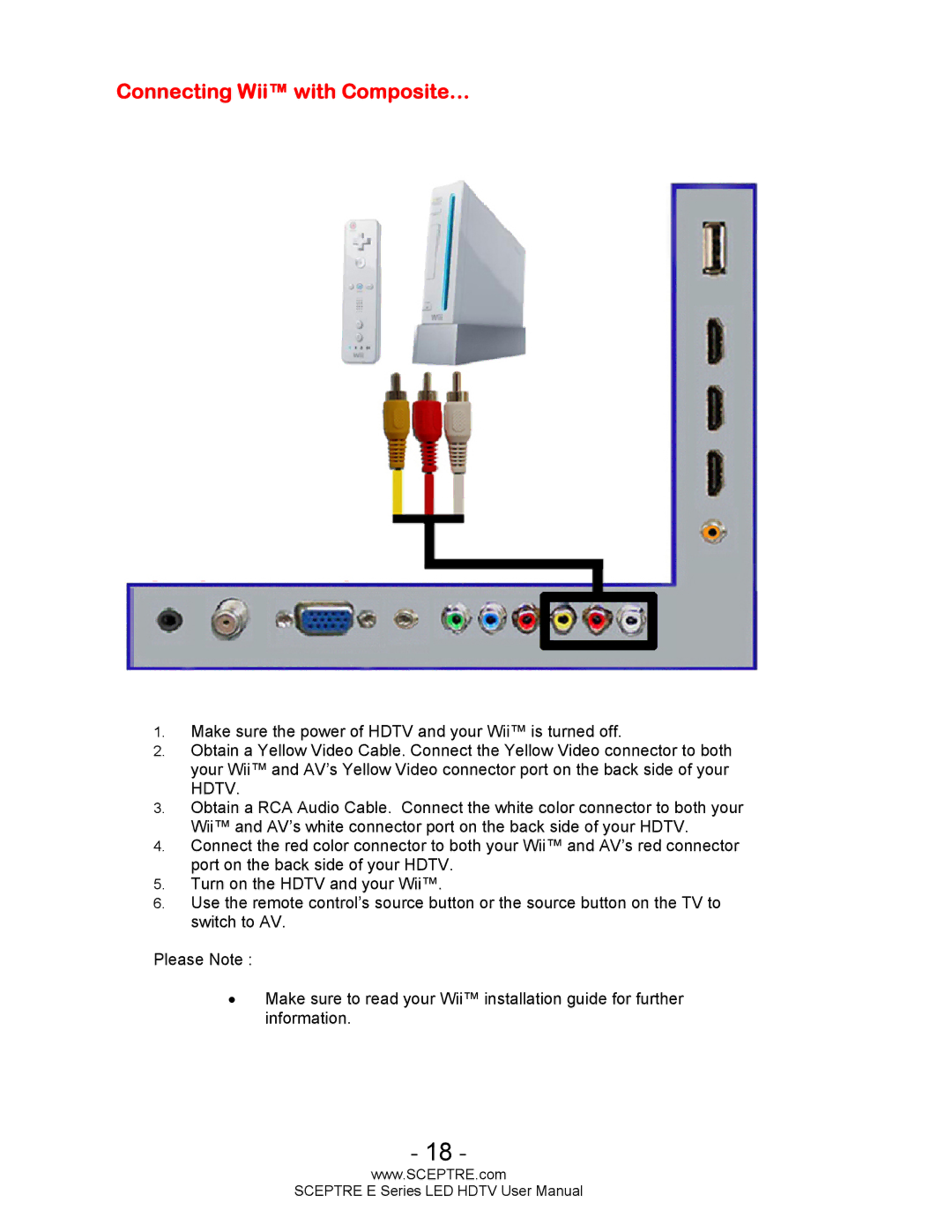 Sceptre Technologies E Series user manual Connecting Wii with Composite… 