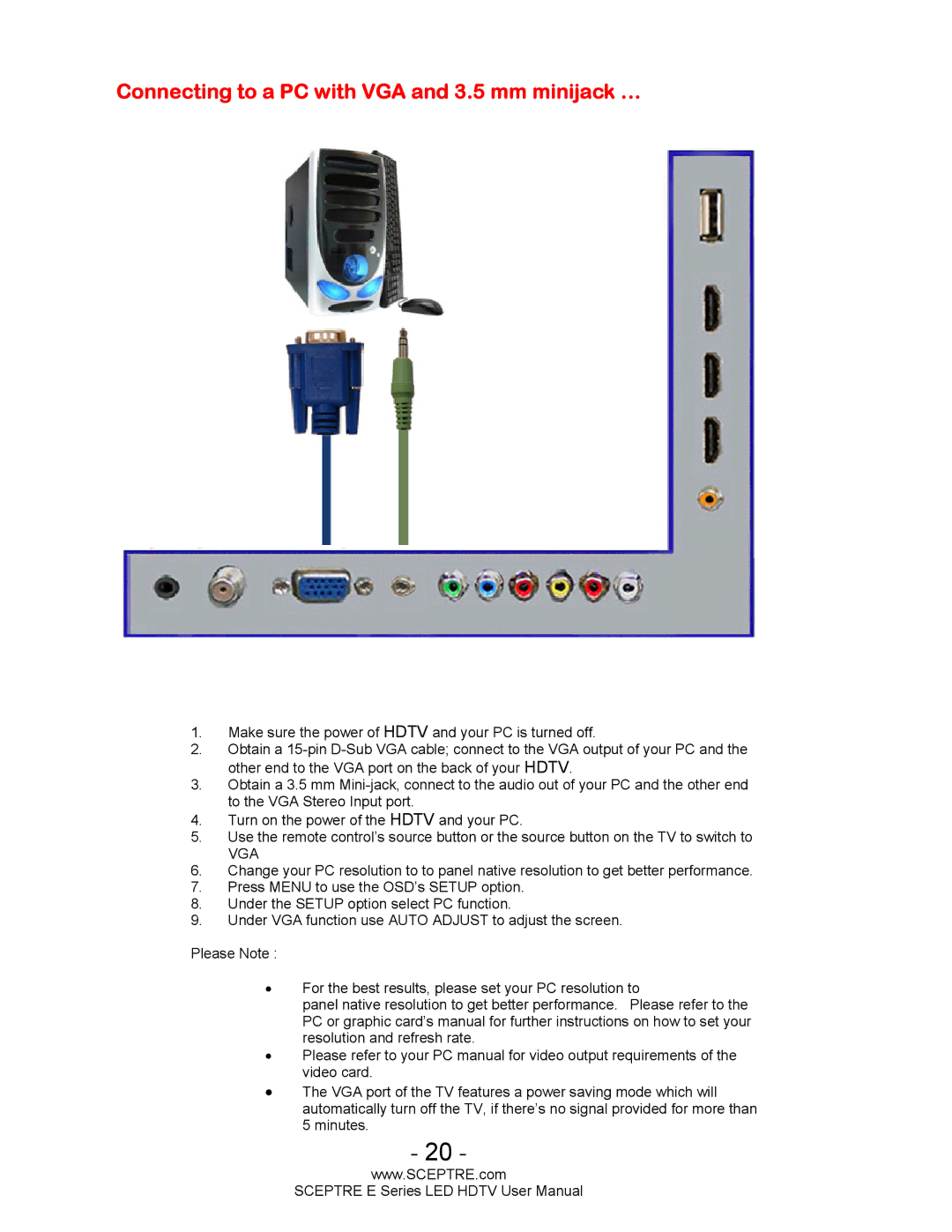 Sceptre Technologies E Series user manual Connecting to a PC with VGA and 3.5 mm minijack … 