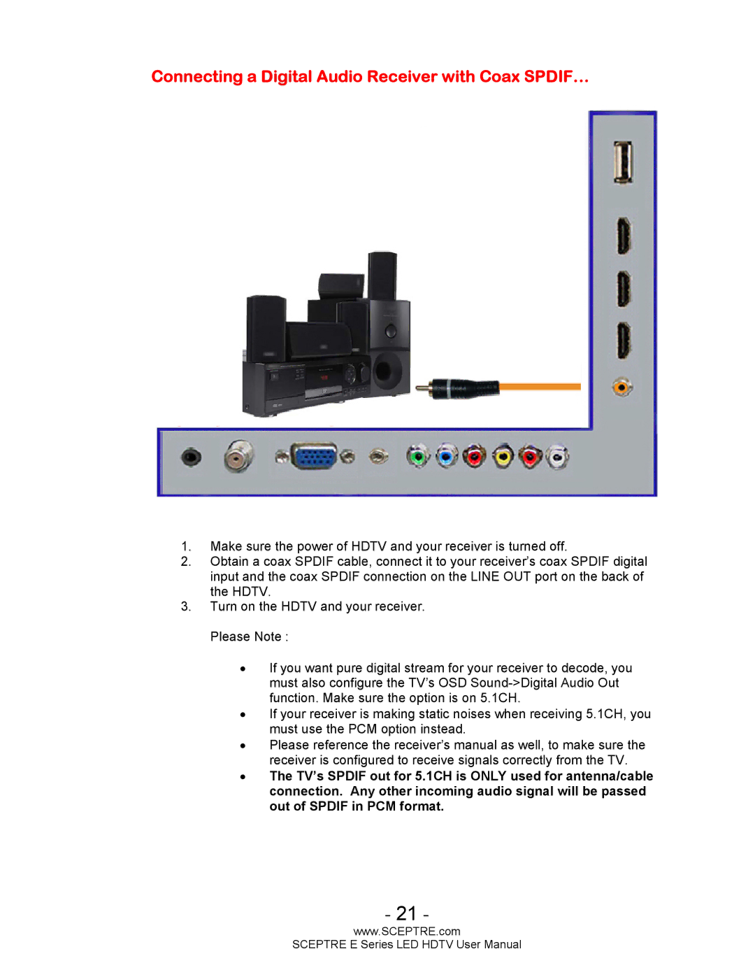 Sceptre Technologies E Series user manual Connecting a Digital Audio Receiver with Coax SPDIF… 