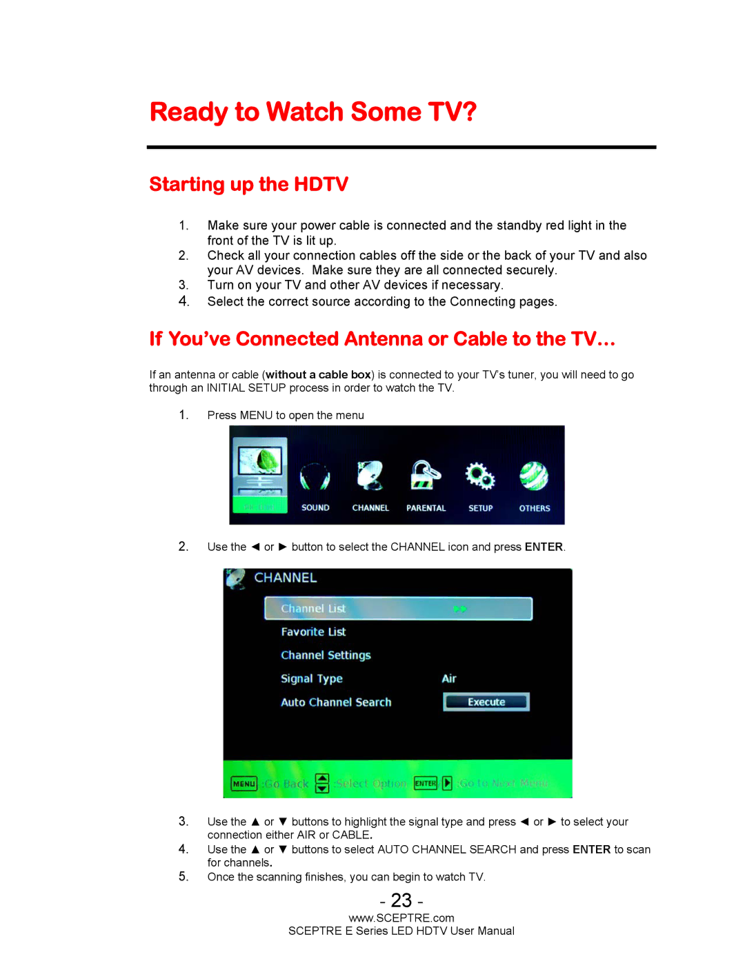 Sceptre Technologies E Series user manual Ready to Watch Some TV?, Starting up the Hdtv 