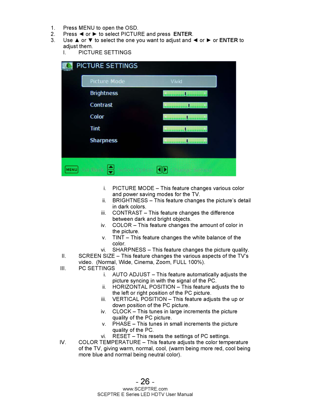 Sceptre Technologies E Series user manual Picture Settings 