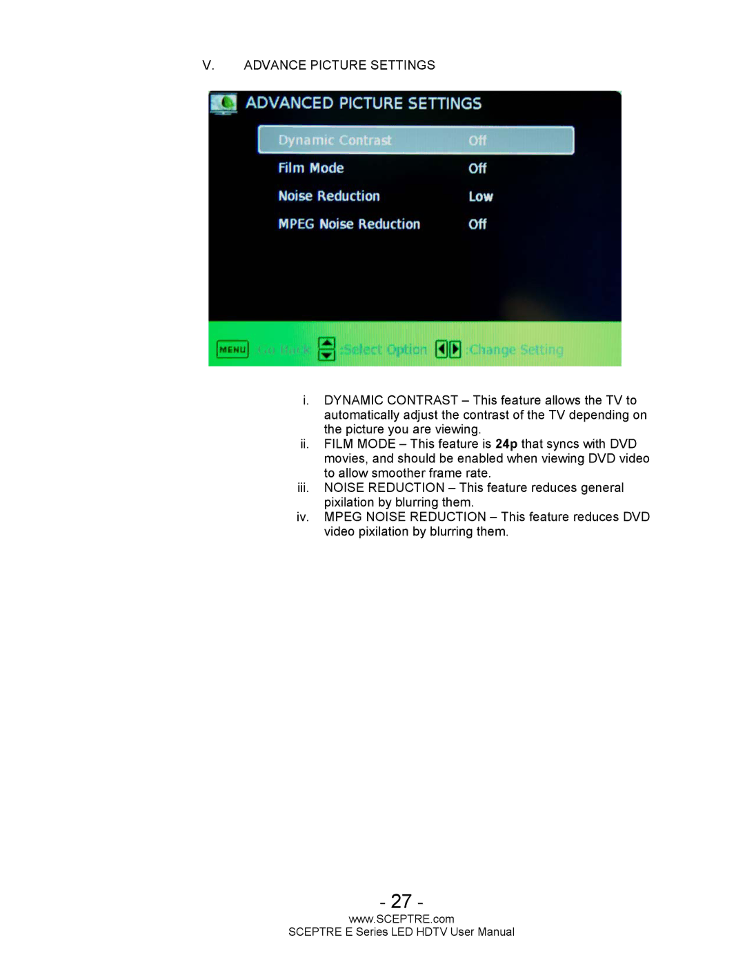 Sceptre Technologies E Series user manual Advance Picture Settings 