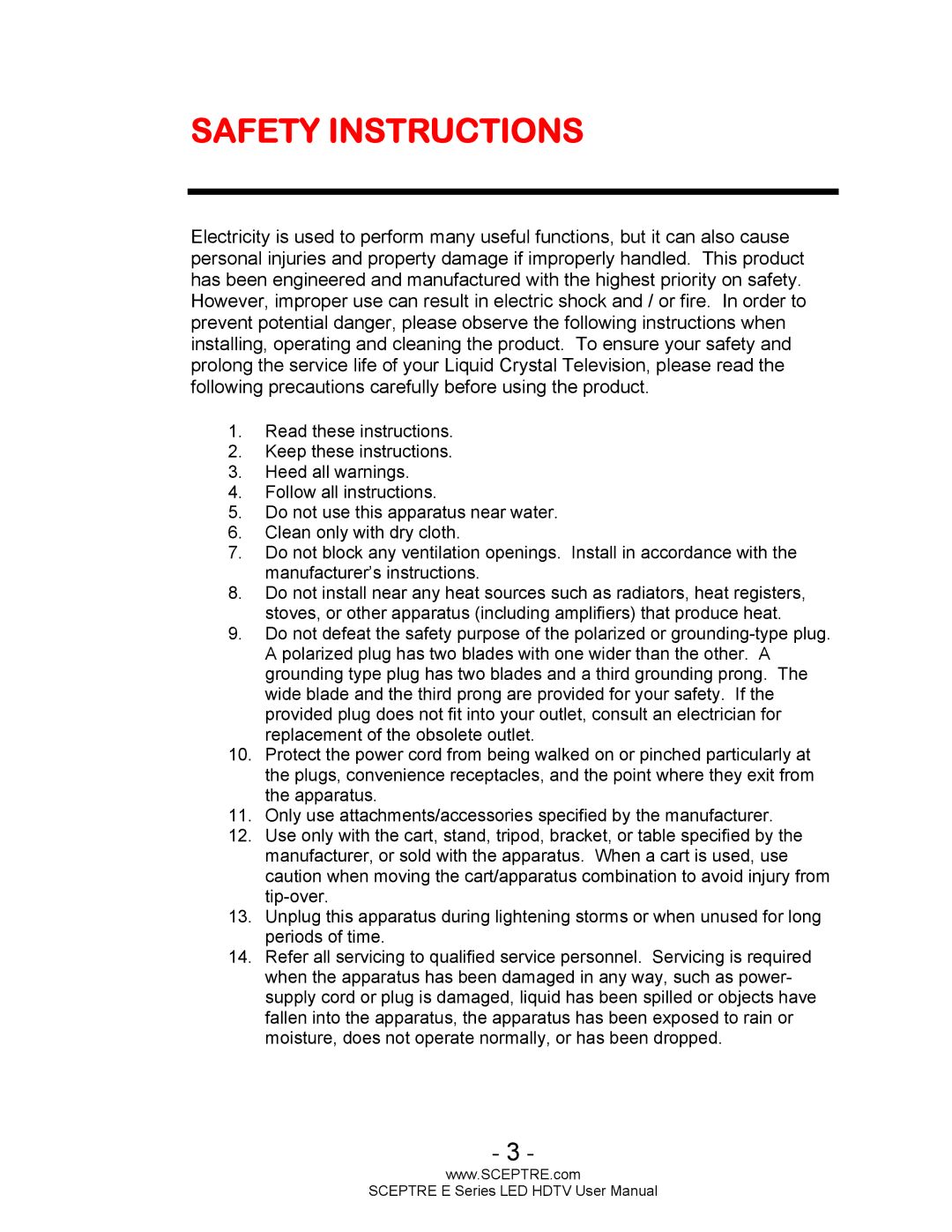 Sceptre Technologies E Series user manual Safety Instructions 