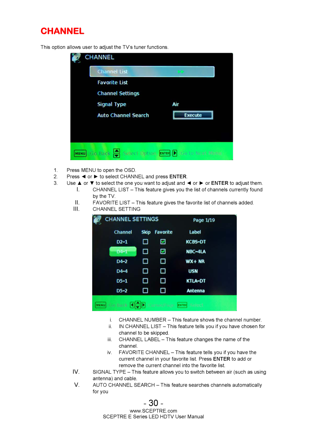 Sceptre Technologies E Series user manual Channel 