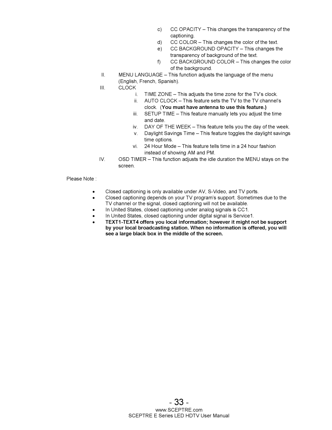 Sceptre Technologies E Series user manual III. Clock 