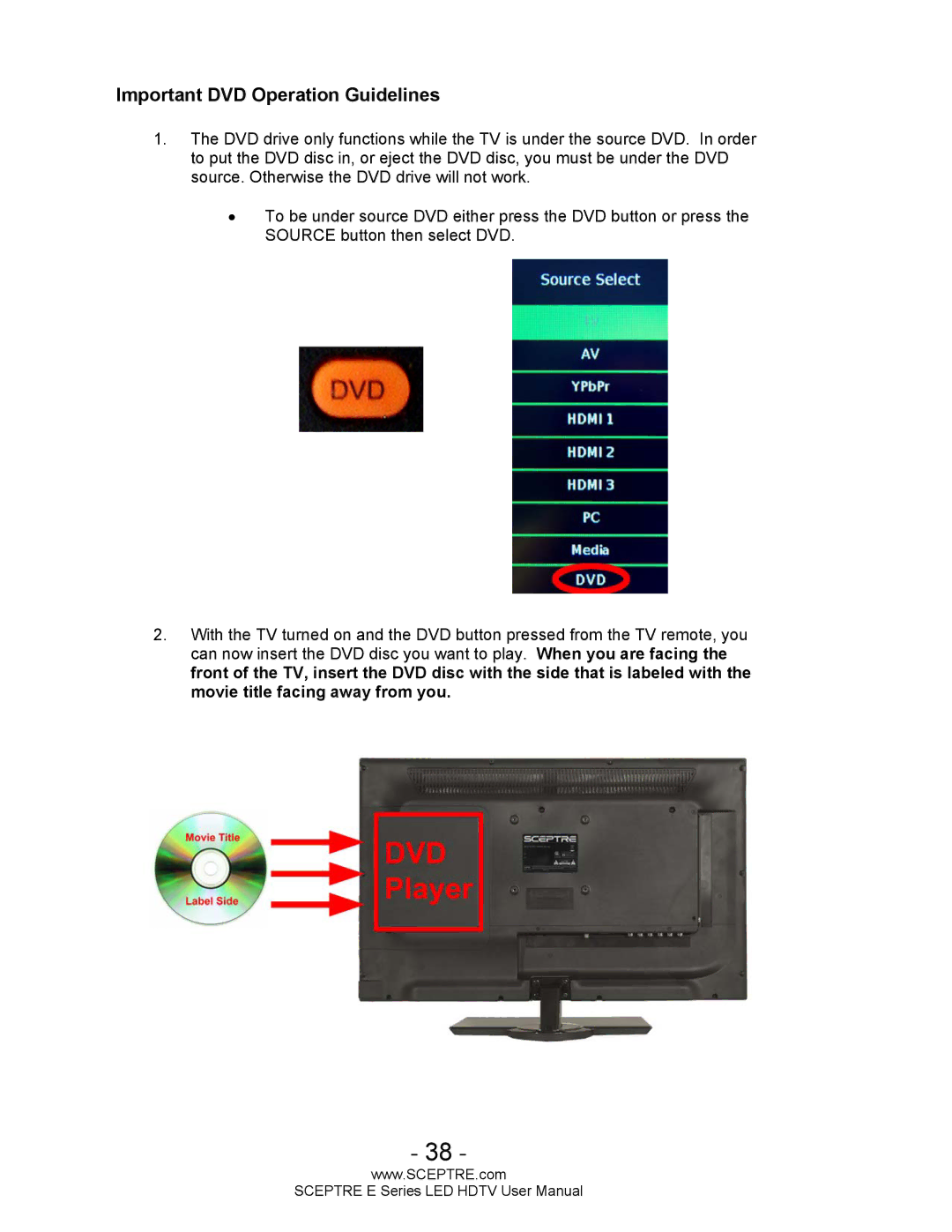 Sceptre Technologies E Series user manual Important DVD Operation Guidelines 