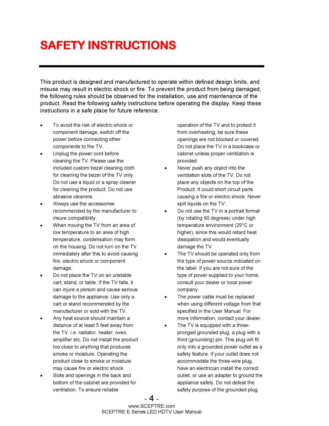 Sceptre Technologies E Series user manual Safety Instructions 