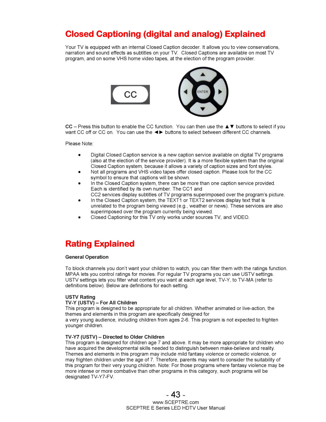 Sceptre Technologies E Series user manual Closed Captioning digital and analog Explained, Rating Explained 