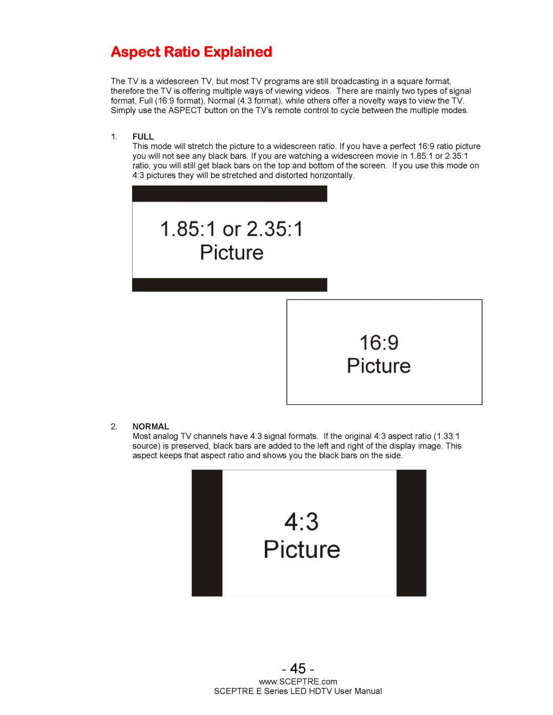 Sceptre Technologies E Series user manual Aspect Ratio Explained, Full 