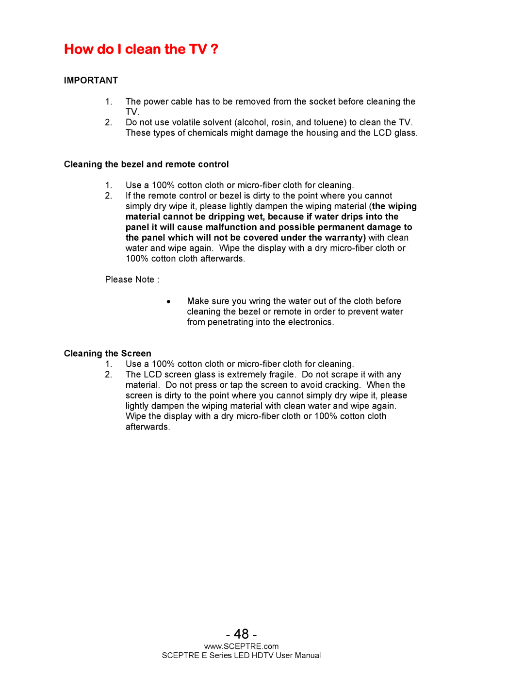 Sceptre Technologies E Series user manual How do I clean the TV ?, Cleaning the bezel and remote control 