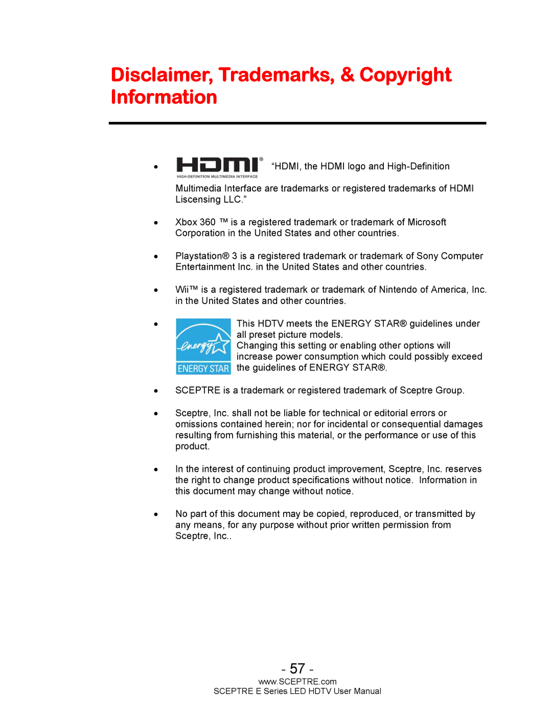 Sceptre Technologies E Series user manual Disclaimer, Trademarks, & Copyright Information 