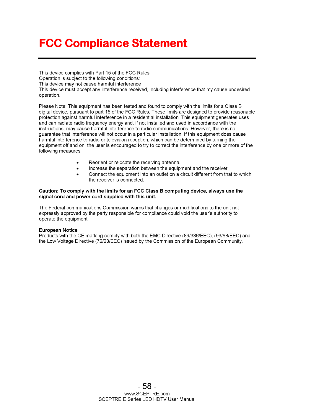 Sceptre Technologies E Series user manual FCC Compliance Statement, European Notice 