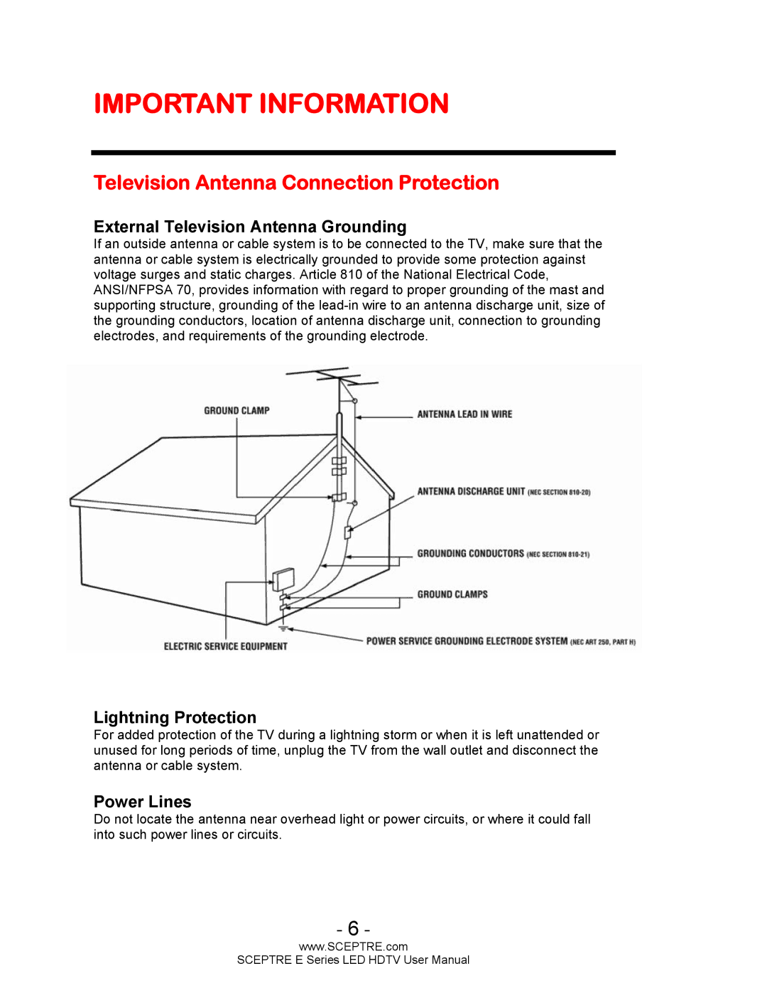 Sceptre Technologies E Series user manual Television Antenna Connection Protection, External Television Antenna Grounding 