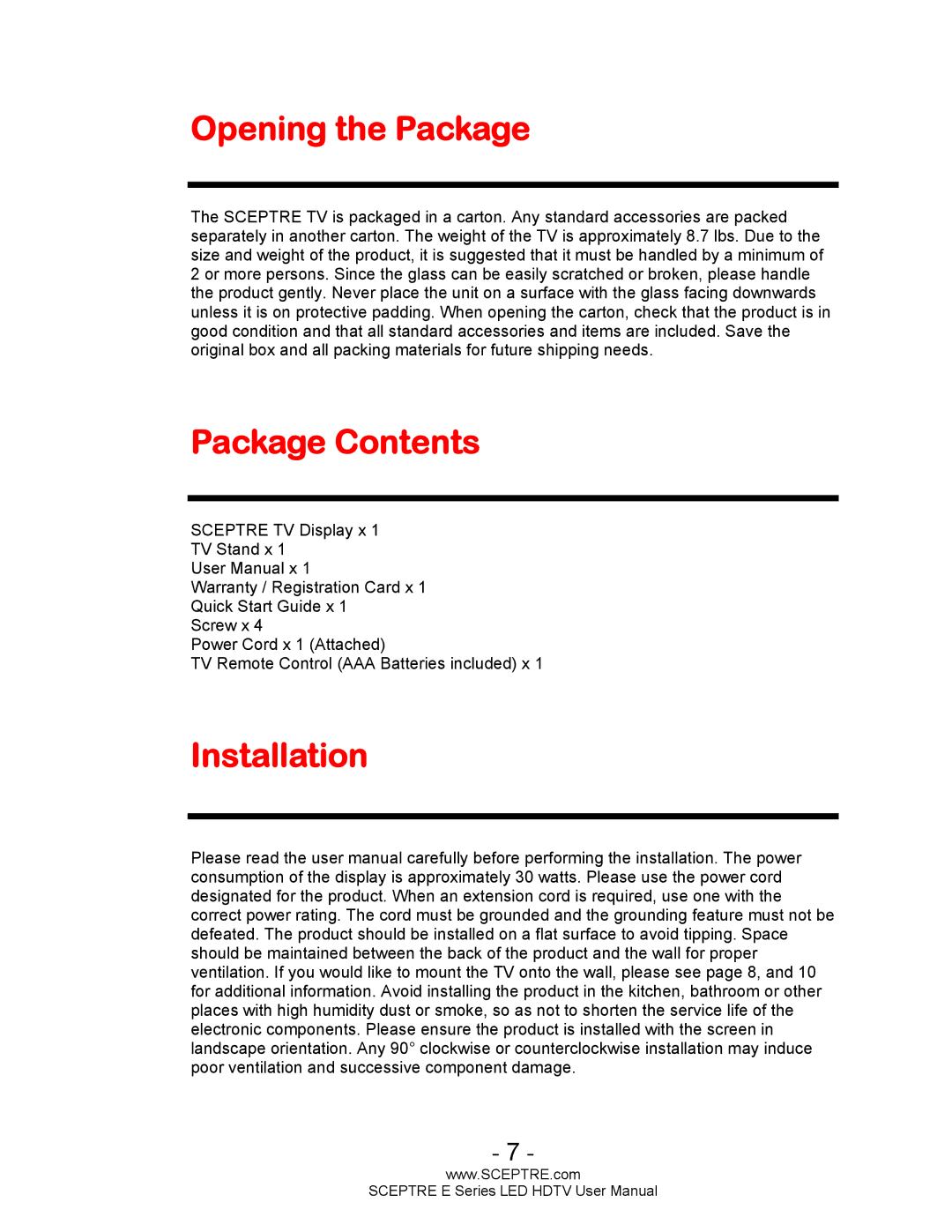 Sceptre Technologies E Series user manual Opening the Package, Package Contents, Installation 