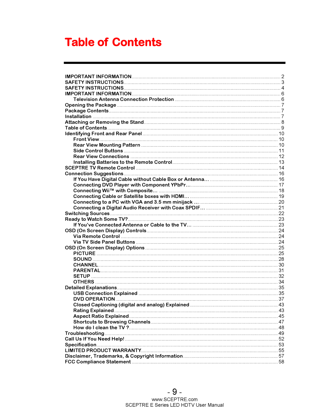 Sceptre Technologies E Series user manual Table of Contents 