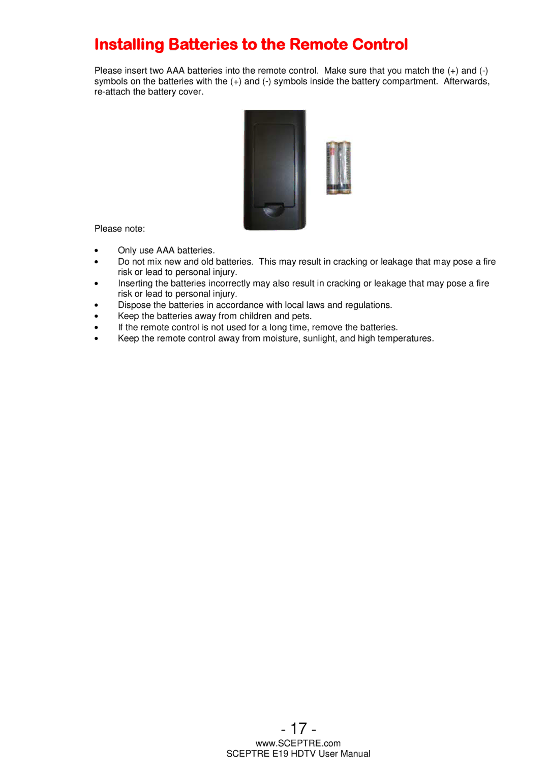 Sceptre Technologies E19 user manual Installing Batteries to the Remote Control 