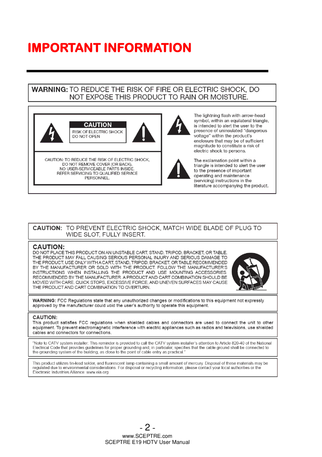 Sceptre Technologies E19 user manual Important Information 