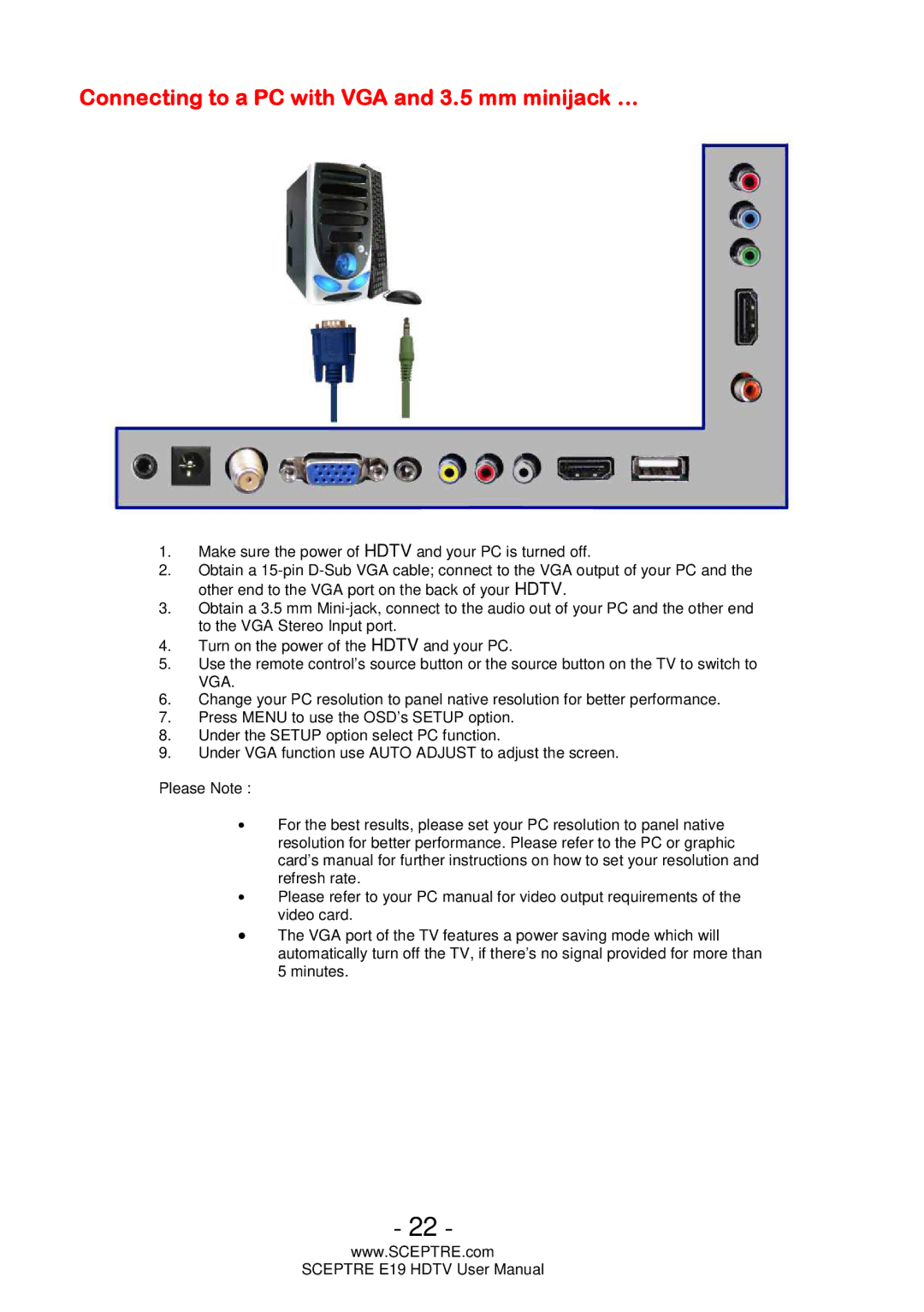 Sceptre Technologies E19 user manual Connecting to a PC with VGA and 3.5 mm minijack … 