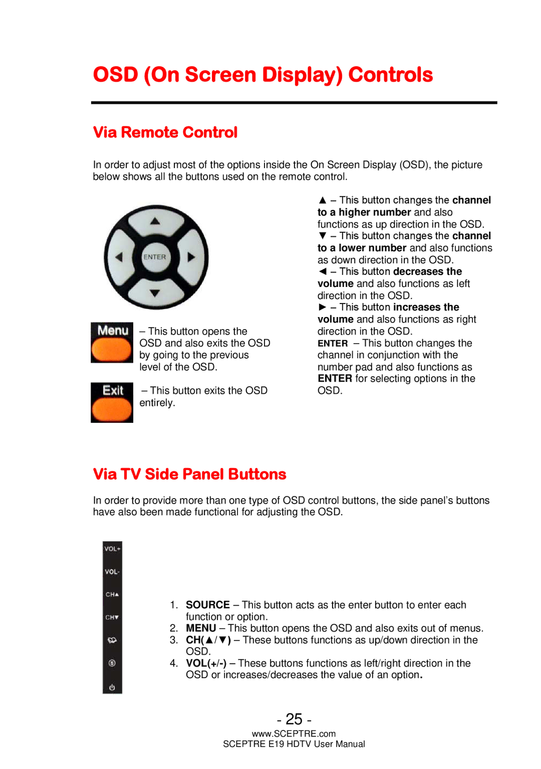 Sceptre Technologies E19 user manual OSD On Screen Display Controls, Via Remote Control, Via TV Side Panel Buttons 