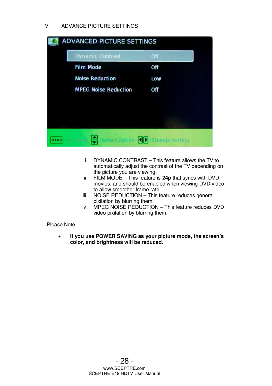 Sceptre Technologies E19 user manual Advance Picture Settings 