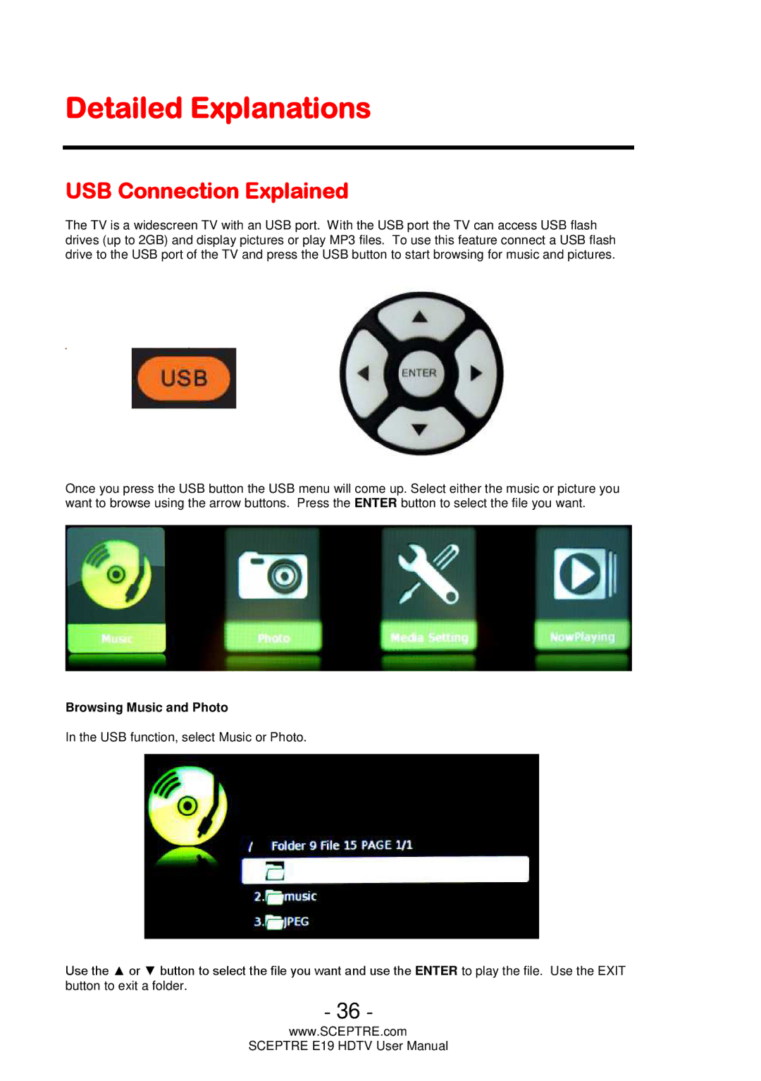 Sceptre Technologies E19 user manual Detailed Explanations, USB Connection Explained 