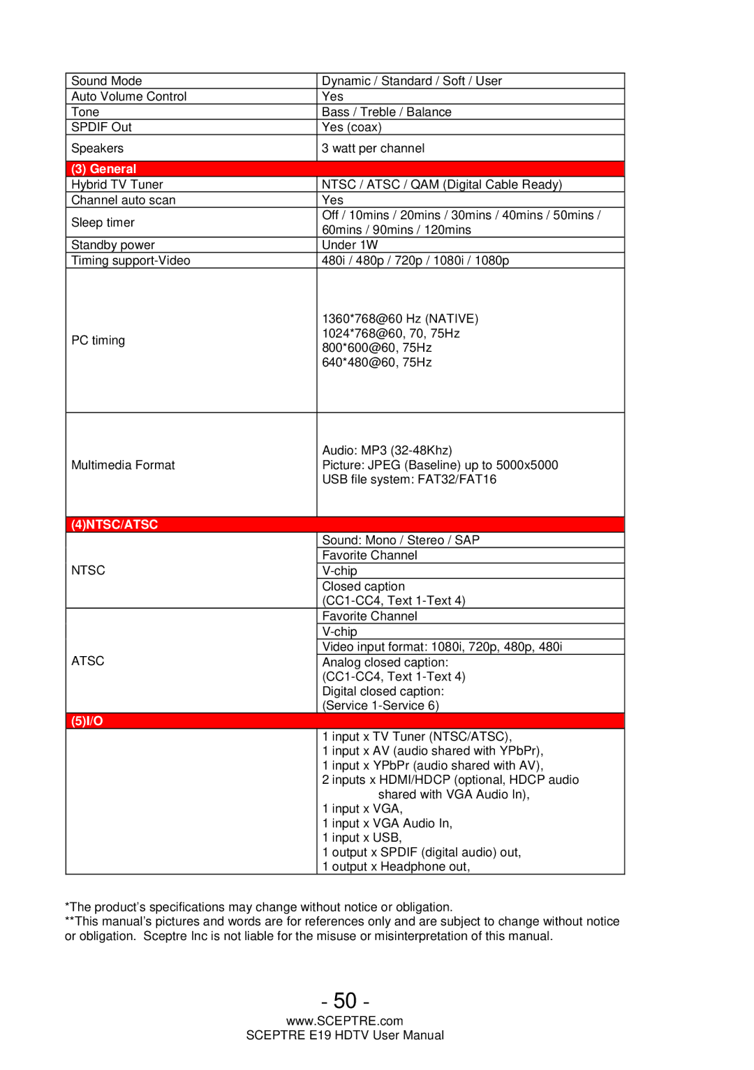 Sceptre Technologies E19 user manual 4NTSC/ATSC 