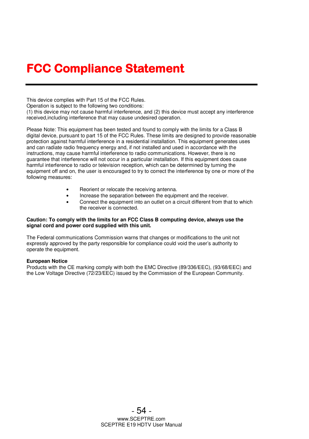 Sceptre Technologies E19 user manual FCC Compliance Statement, European Notice 