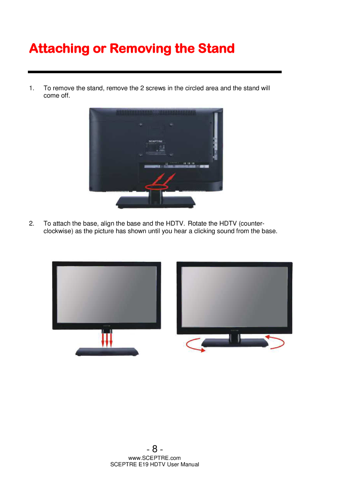 Sceptre Technologies E19 user manual Attaching or Removing the Stand 