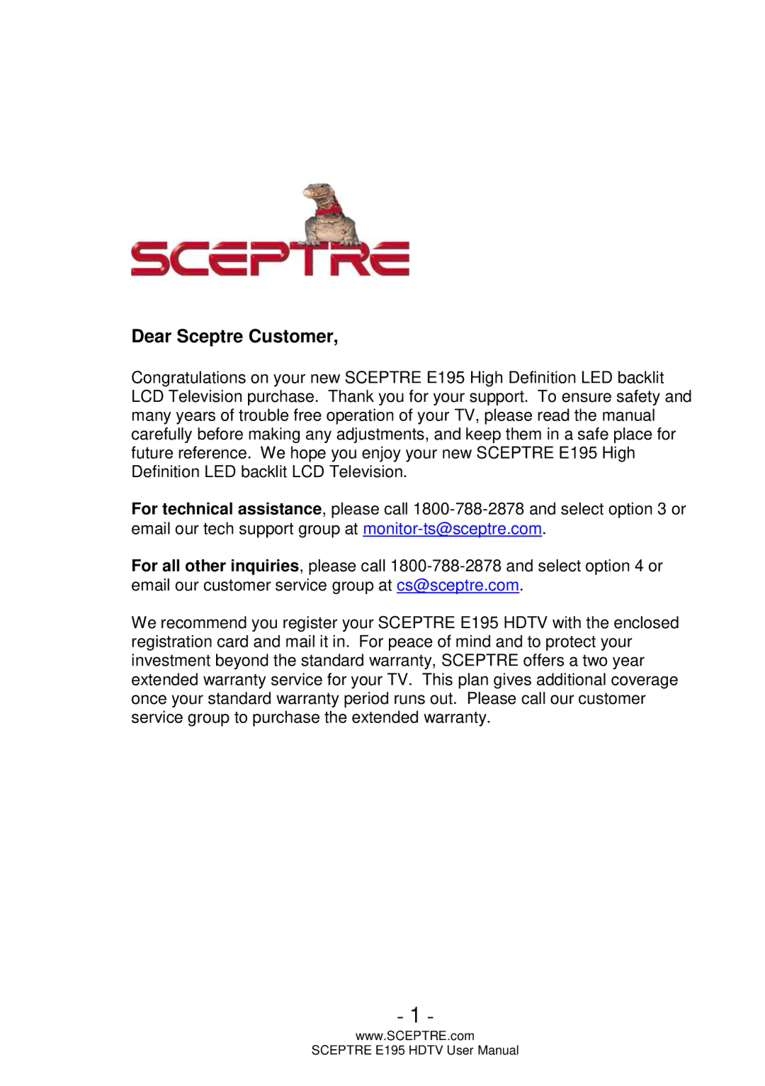 Sceptre Technologies E195 user manual Dear Sceptre Customer 