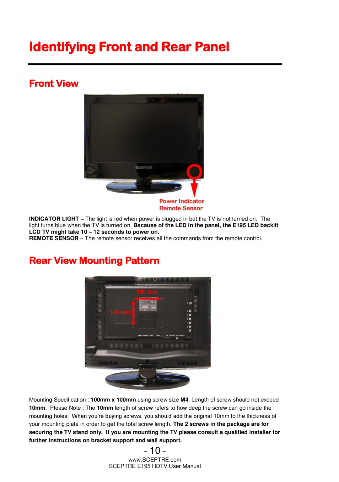 Sceptre Technologies E195 user manual Identifying Front and Rear Panel, Front View, Rear View Mounting Pattern 