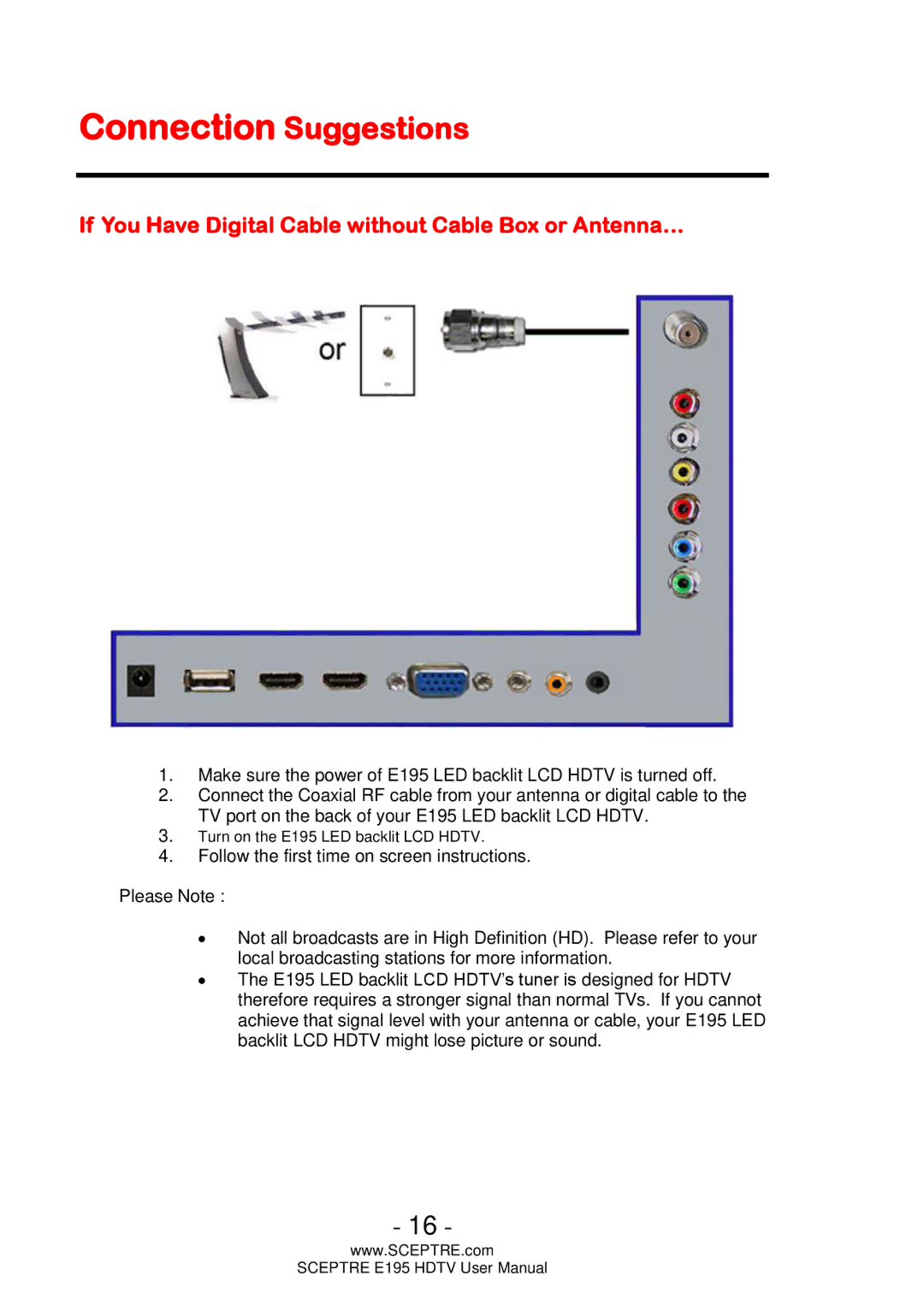 Sceptre Technologies E195 user manual Connection Suggestions, If You Have Digital Cable without Cable Box or Antenna… 