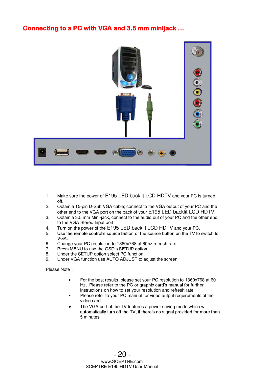 Sceptre Technologies E195 user manual Connecting to a PC with VGA and 3.5 mm minijack … 