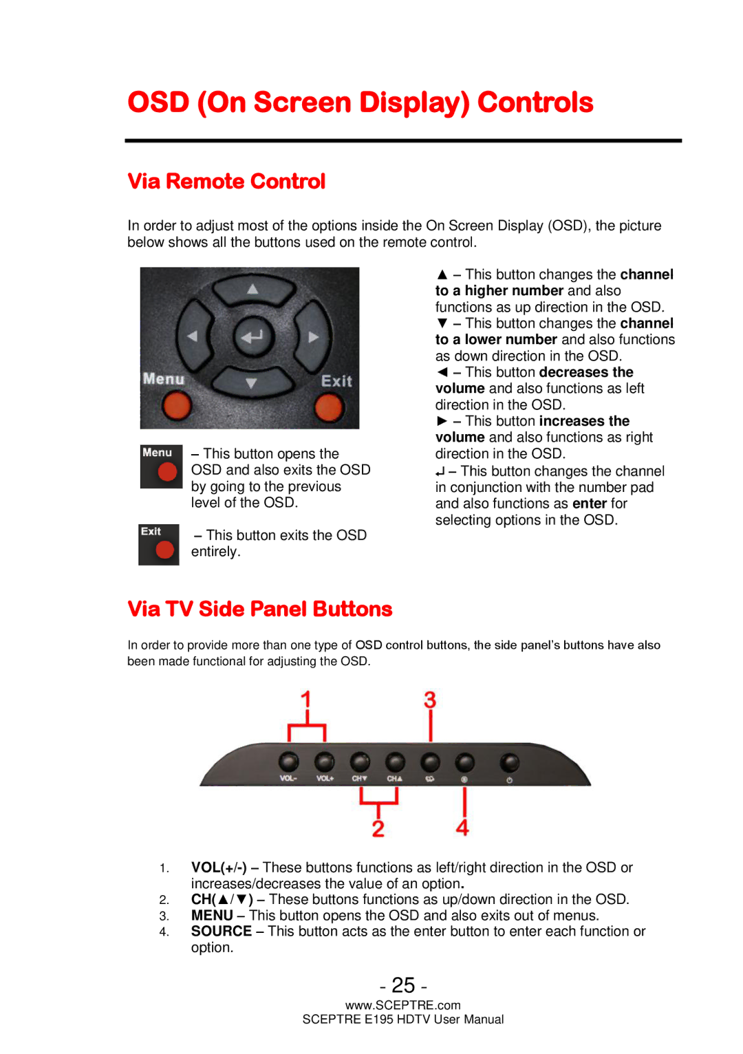 Sceptre Technologies E195 user manual OSD On Screen Display Controls, Via Remote Control, Via TV Side Panel Buttons 