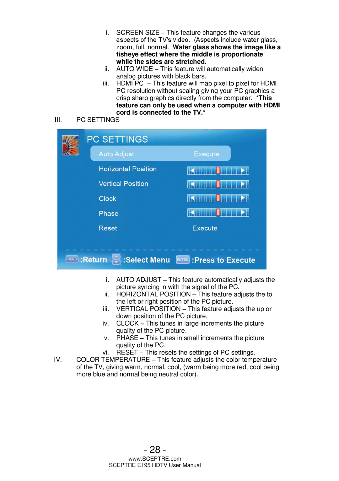 Sceptre Technologies E195 user manual III. PC Settings 