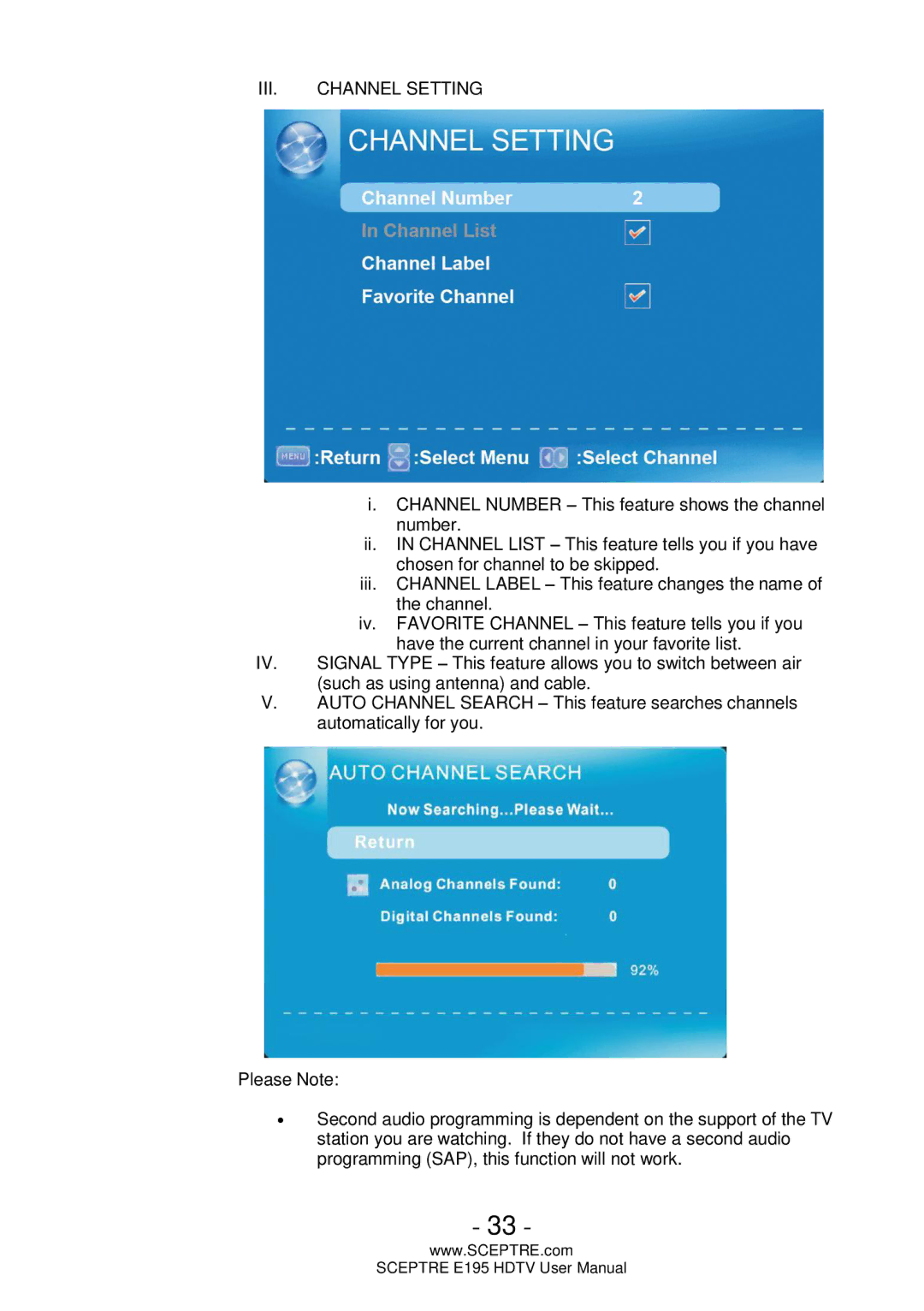 Sceptre Technologies E195 user manual III. Channel Setting 