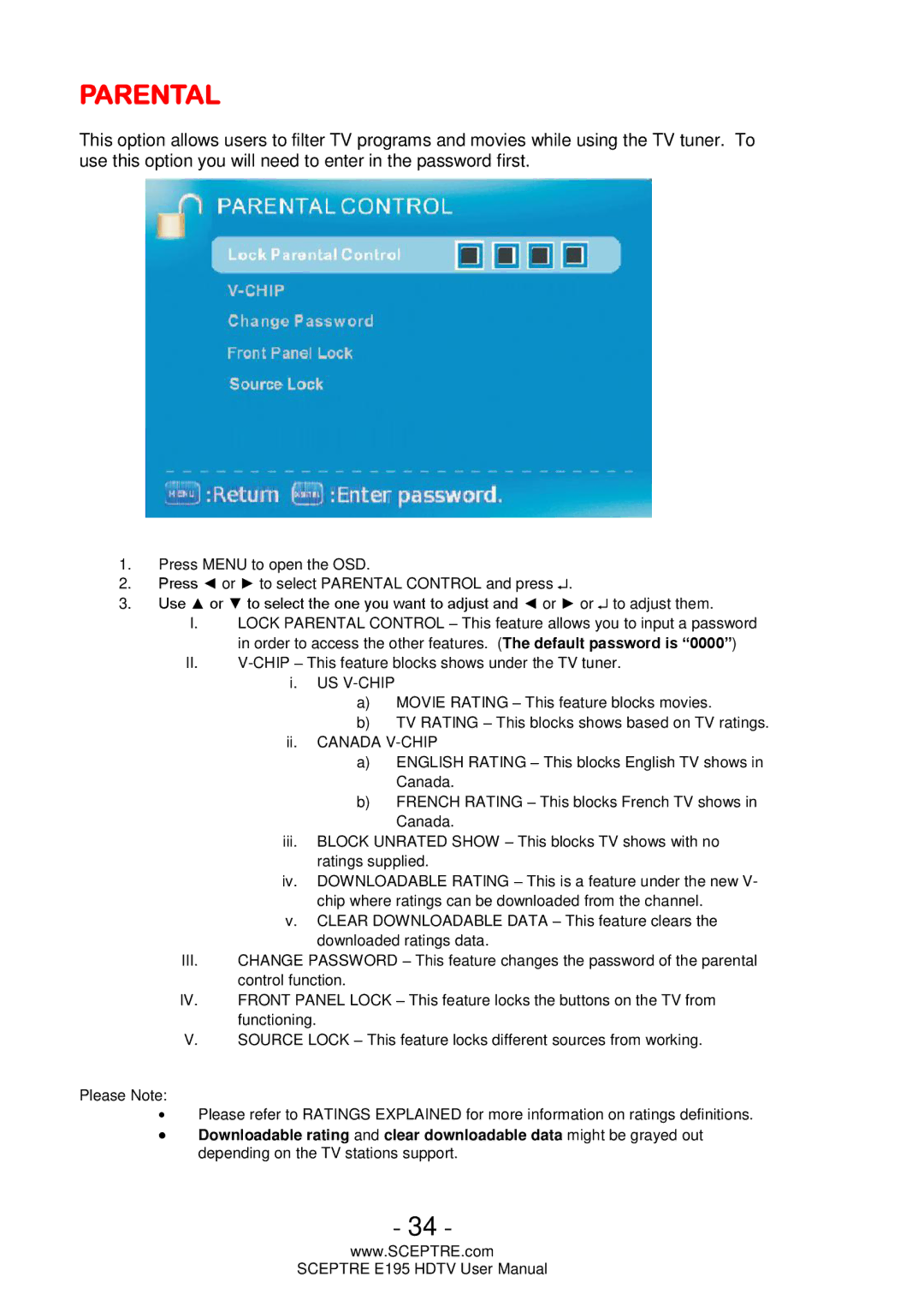 Sceptre Technologies E195 user manual Parental 