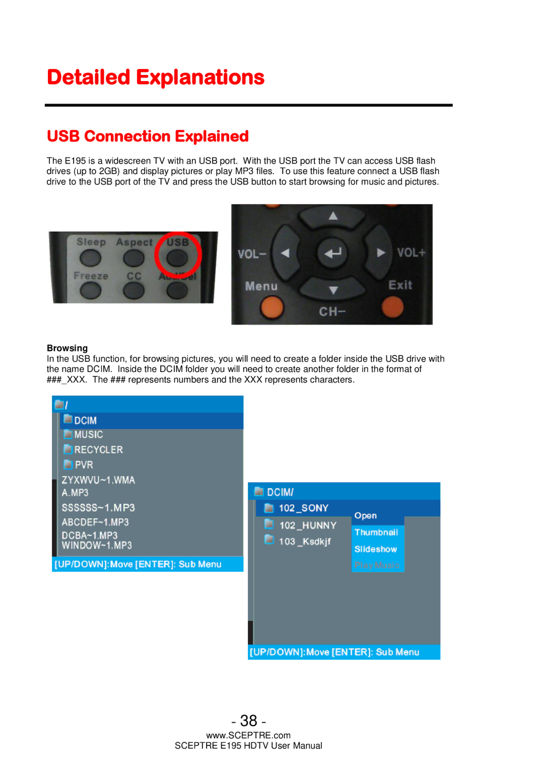 Sceptre Technologies E195 user manual Detailed Explanations, USB Connection Explained, Browsing 