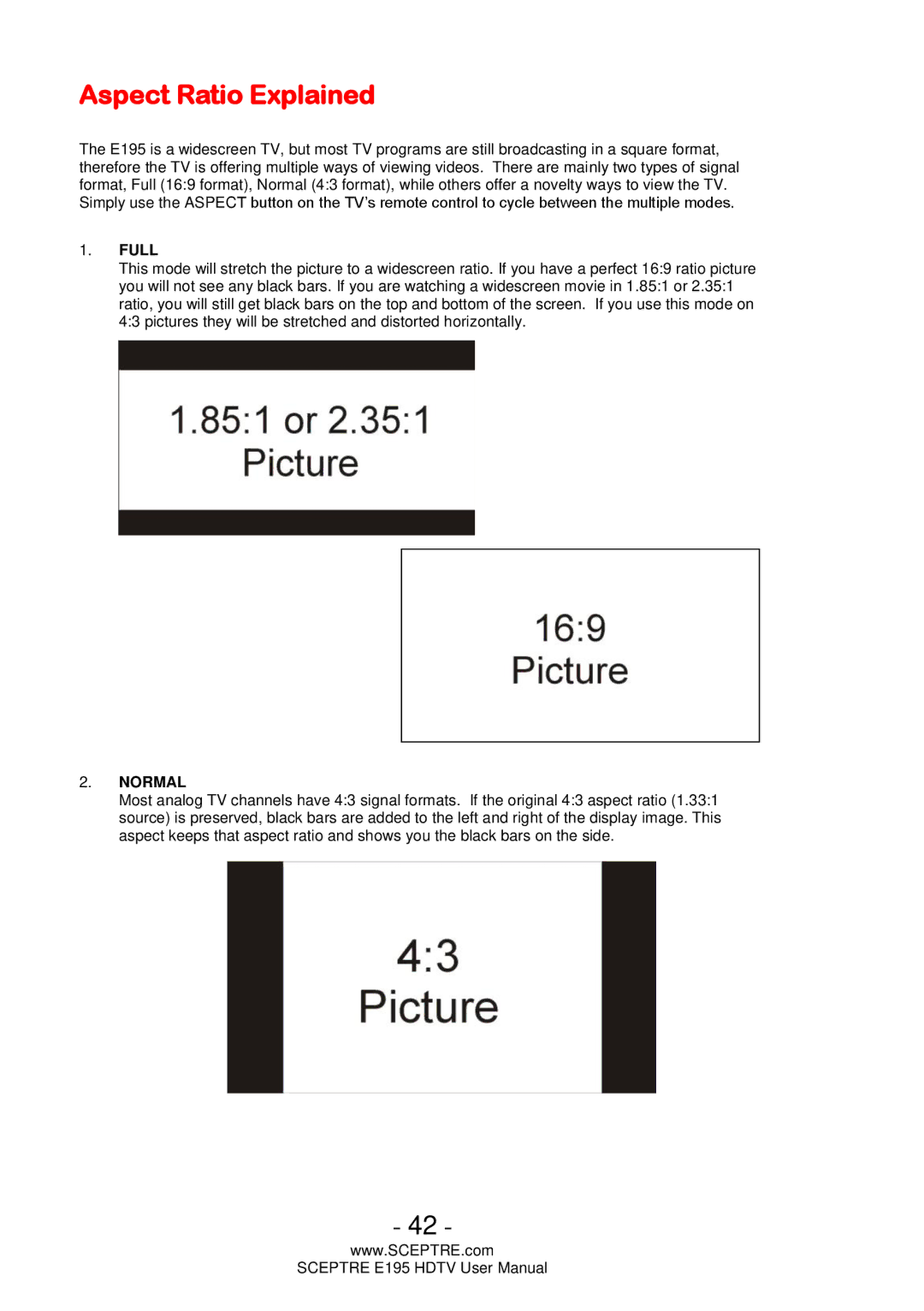 Sceptre Technologies E195 user manual Aspect Ratio Explained, Full 