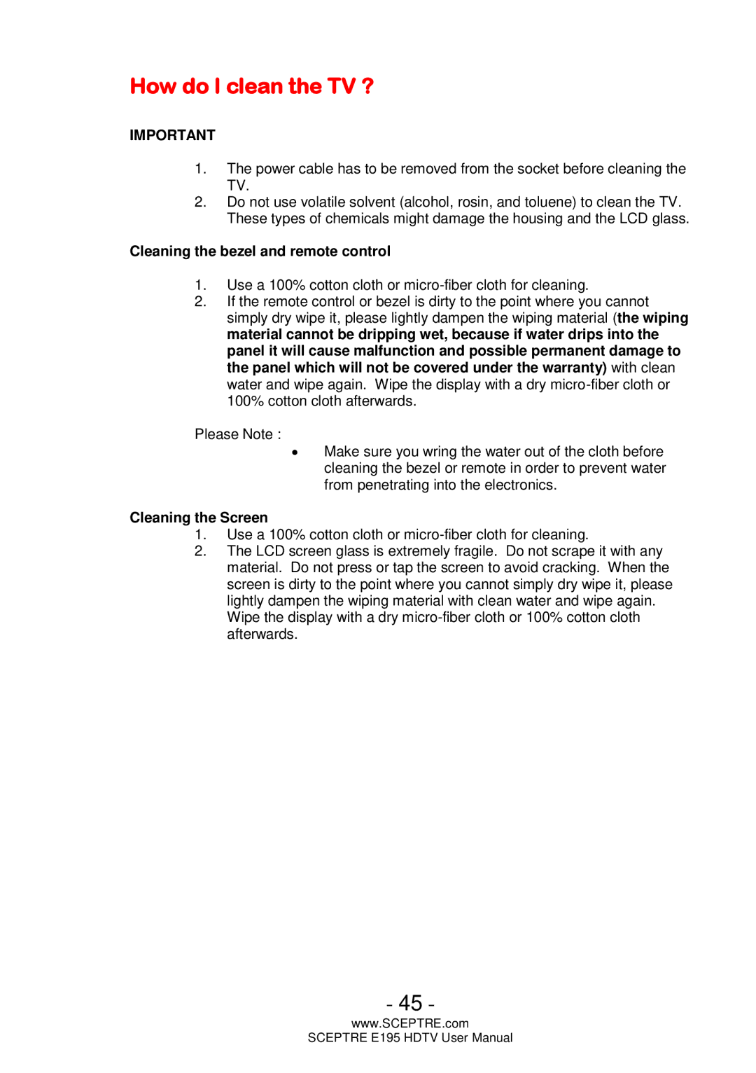 Sceptre Technologies E195 user manual How do I clean the TV ?, Cleaning the bezel and remote control 